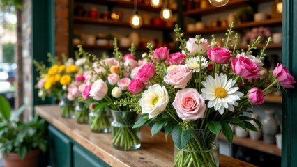 luxurious floral arrangements with pink roses, white daisies, and yellow blossoms in glass vases on a rustic wooden table in a cozy flower shop, concept of floristry, event decor, home decoration