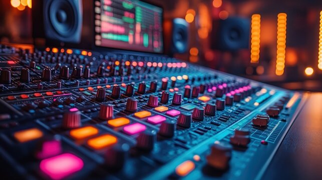 Studio mixing console, music production, colorful lights, background speakers, audio engineering