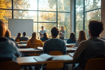 Engaged university student raising hand in modern classroom during interactive lecture