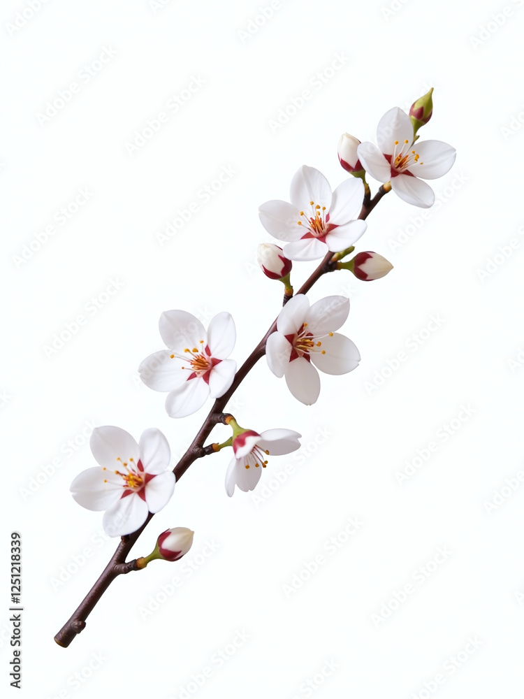 Poster a delicate branch of white cherry blossoms is isolated against a plain white background with a windi