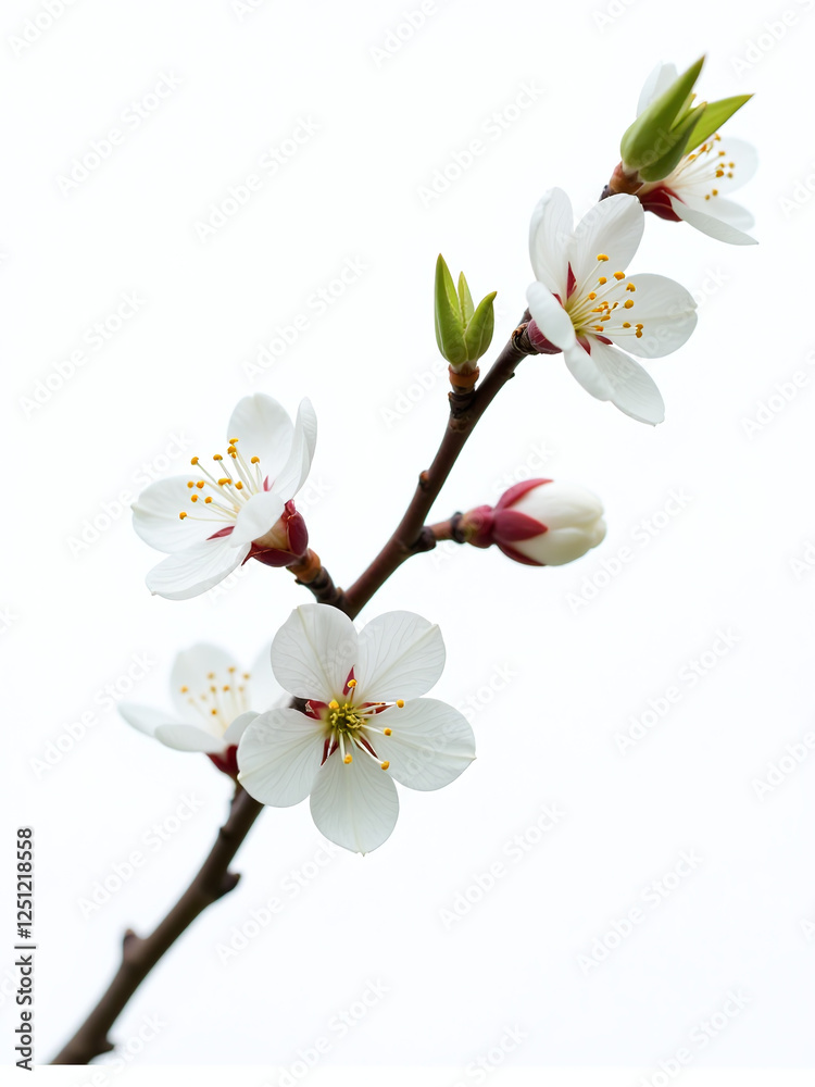 Poster A Delicate Branch With White Spring Blossoms Is Isolated On A Clean White Background With A Shallow Depth Of Field. 00002