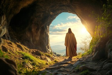 Serene Figure in Cloak Exiting Cave at Sunset with Vibrant Landscape in Background