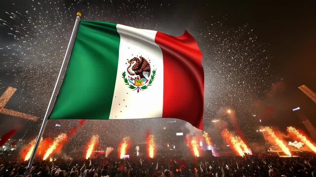 Massive mexican flag flying over crowded night celebration with fireworks and confetti Happy Cinco de mayo