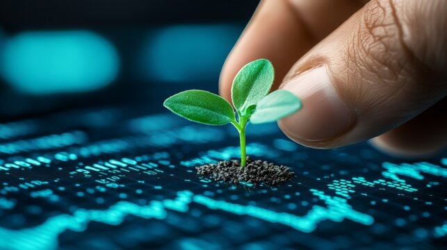 Green Growth, Sustainable Investment. Hand nurturing plant on a digital stock market interface. - Powered by Adobe