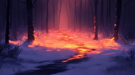 Glowing river path in snowy winter forest, fantasy art