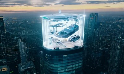 An aerial shot of a futuristic cityscape at dusk, with a glass-enclosed platform on top of a skyscraper. Two futuristic vehicles are inside the platform, one hovering above the other, showca - Powered by Adobe