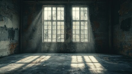 Fototapeta premium Sunlit Abandoned Industrial Room with Dusty Floor and Grimy Walls