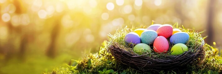 Fototapeta premium Easter Eggs, Colorful Eggs in a Nest of Branches Decorated on Green Moss, Easter Holiday Concept.