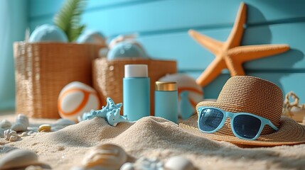Beach essentials for kids sand playset, sunscreen, sunhat, sunglasses, and slippers on an orange background.