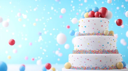 Festive Three-Tiered Birthday Cake - A whimsical three-tiered birthday cake adorned with colorful sprinkles and balloons, symbolizing joy, celebration, sweetness, festivity, and togetherness.
