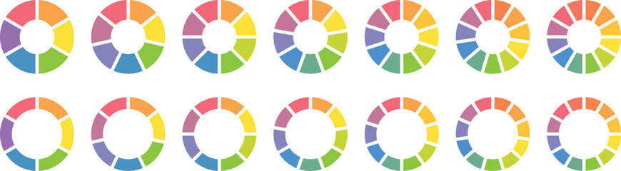 Obraz premium Circle division infographic icon set. Pie chart divided 4,5,6 equal parts. Pie chart set. Color pizza or donut round diagram. Circle section graph. Infographic wheel segment and fraction.
