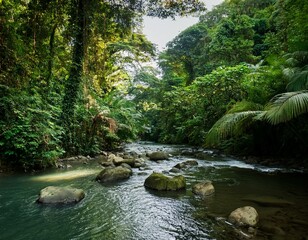 Naklejka premium tropical river surrounded by a lush forest costa rica landscape