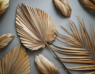 dried palm leaves arranged on a gray background