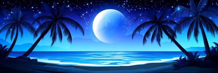Tranquil Night on the Beach - Serene beach scene at night, moonlight, palm trees, ocean waves, and starry sky. Symbolizing peace, tranquility, escape, romance, and dreams.