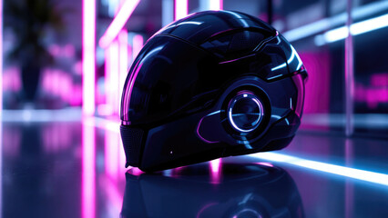 Fototapeta premium Futuristic cyberpunk helmet in neon lit environment