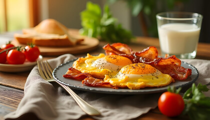  “Farm breakfast": Country breakfast in eco style, scrambled eggs with bacon, homemade bread, fresh tomatoes, cup of milk