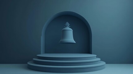 Serene Bell on Circular Platform - A 3D  image of a bell hovering above a three-tiered circular platform, set against a muted blue background.