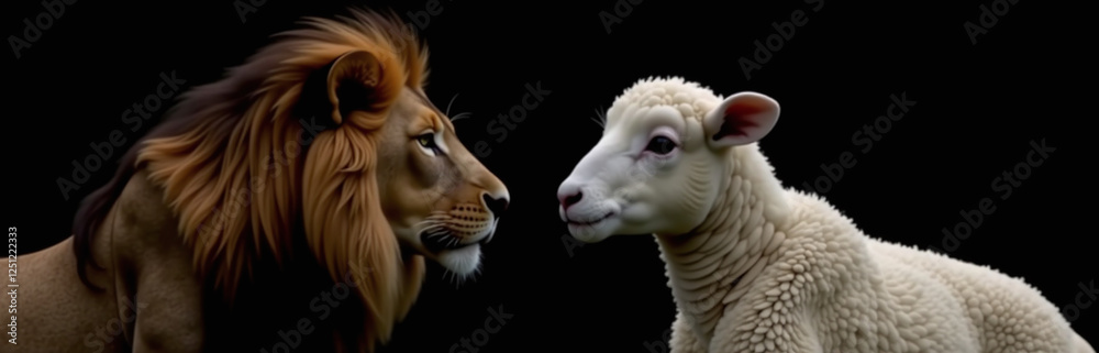Poster A Lion And A White Lamb Are Isolated On A Black Background In A Profile View Created By An Artificial Intelligence Generator. 00001