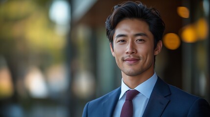 Confident Asian businessman in a suit smiling outdoors for corporate branding, business networking, and professional career content