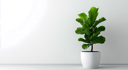 Fiddle-leaf fig tree in a white pot, mockup for interior design on a plain background.