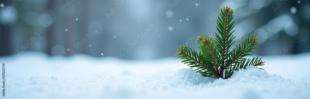 Poster a lone green christmas pine tree branch stands out against a winter backdrop of snow and ice in shar