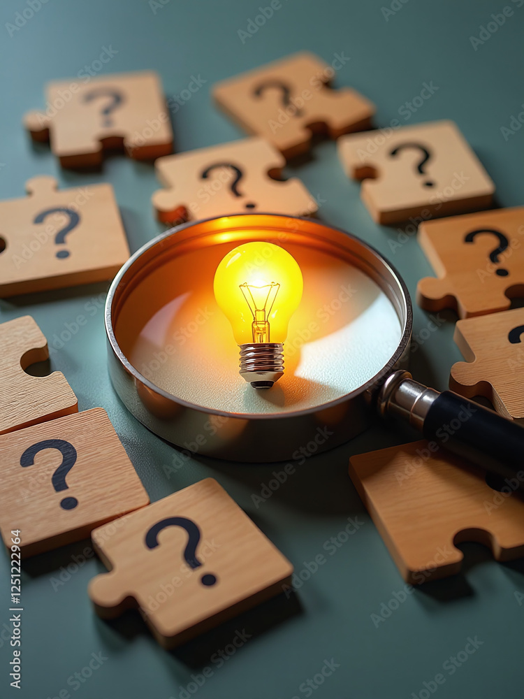 Poster A Magnifying Glass Shines A Light On A Puzzle Composed Of A Lightbulb And Wooden Blocks With Question Marks And Creative Symbols. 00002