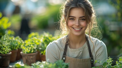 Woman gardener smiling, plants in background, greenhouse setting, possible use for gardening or lifestyle stock photo