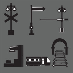 set of traffic lights and train aisle trains vector flat style