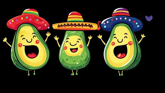 Colorful dancing avocados in sombreros with musical notes Happy Cinco de mayo