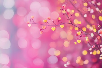 Fototapeta premium blurred pink background with small yellow hearts, valentine's day, bokeh effect, 