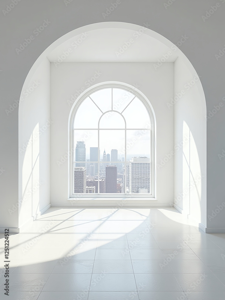 Poster A Modern Interior Design Features A Big Rounded Window, Empty Space, And A Simple White Color Scheme With Natural Sunlight. 00001