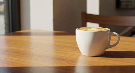 Fototapeta premium Coffee Cup on Table with Latte Art in Morning Light