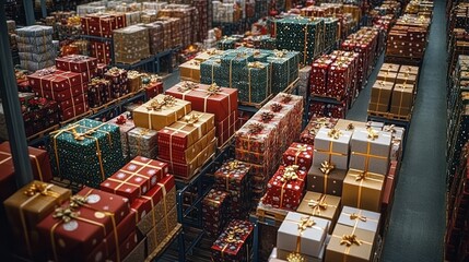 Christmas Holiday Warehouse Filled with Colorful Gifts and Packages During Peak Season in Logistics and Distribution