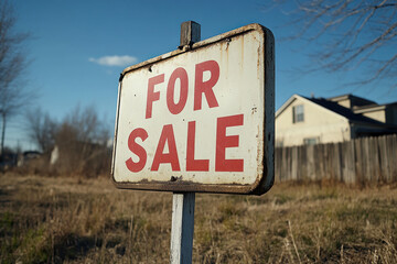 For sale sign and red brick house with white picket fence in suburban neighborhood.