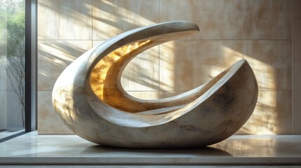 Modern stone sculpture sunlit lobby interior