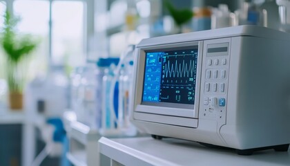 Medical Monitor Displaying Vitals in a Softly Lit Clinical Setting, Stocked with Supplies.