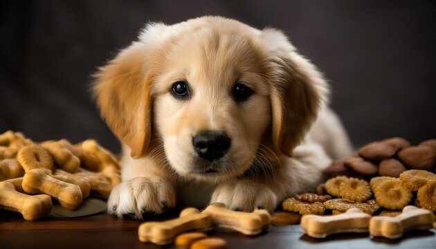 adorable golden retriever puppy surrounded by a tempting array of dog treats