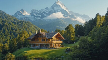 Majestic Alpine chalet sunrise, mountain backdrop, idyllic landscape, real estate