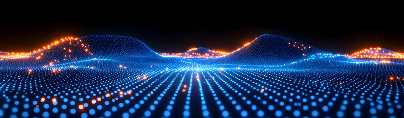 Digital landscape glowing hills, data network