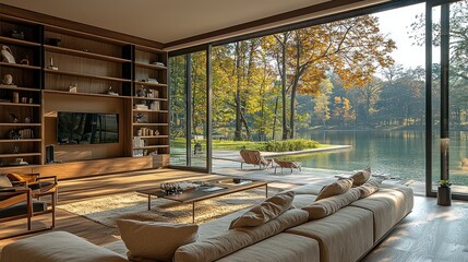 Fototapeta premium Modern Lakeside Living Room With Expansive Window Views
