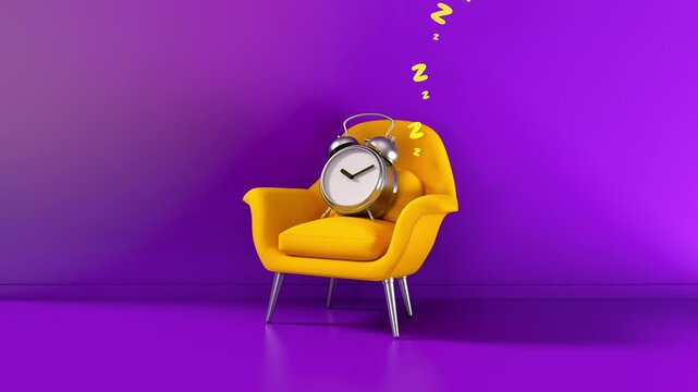 Yellow chair and silver alarm clock on isolated purple background. Summer time, relax mood, sleep, meditation, happiness. 3d video render