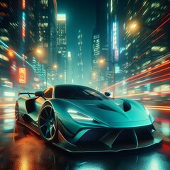 Obraz premium A teal-colored supercar dominates the foreground, its sleek design and powerful presence emphasized by the blurred city backdrop 