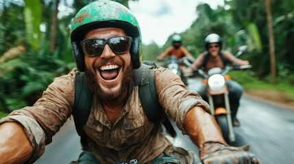 Obraz premium A group of enthusiastic motorcycle riders enjoy an adrenaline-filled adventure through lush, green landscapes, showcasing freedom, excitement, and camaraderie.