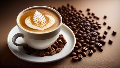 Fototapeta premium aromatic coffee latte with exquisite leaf art served in a white cup beside roasted coffee beans