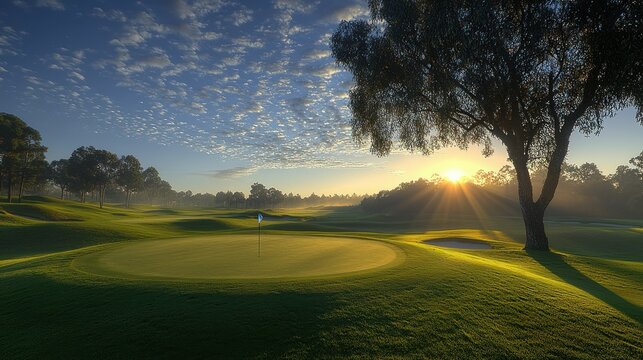 Sunrise over misty golf course green with flag, tree silhouette