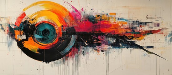 Abstract art; vibrant colors, dynamic brushstrokes; white background; gallery display