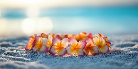 Naklejka premium Tropical flower lei on beach at sunset