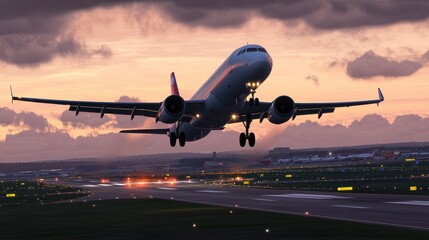 Fototapeta premium Airplane taking off at sunset, airport runway, travel
