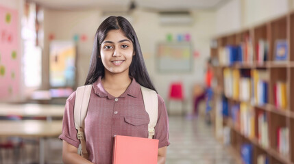 Young Indian college student front view holding books. Classroom background.