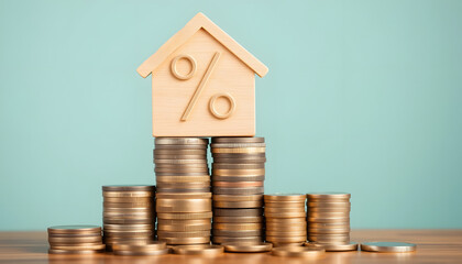 Interest rate finance and mortgage rates. Wooden block with percentage sign on many level of stack of coin. Financial growth, interest rate increase, inflation, sale price and tax rise concept, colo